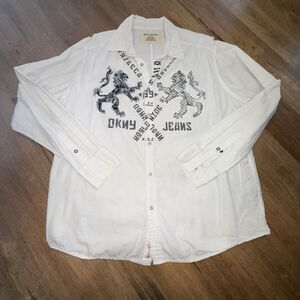 Vtg DKNY Jeans 90s Y2K Graphic Button Up Shirt XL White Lion Crest Lions Mens